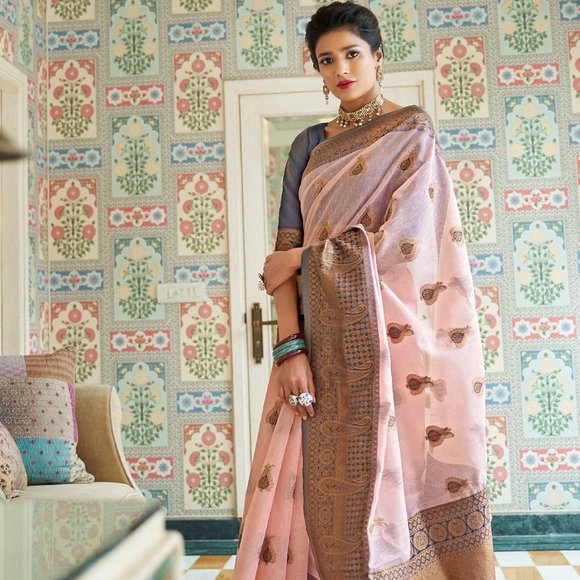 JHEAPS LIGHT PINK LINEN WOVEN DESIGN SAREE - Picture 3 of 3